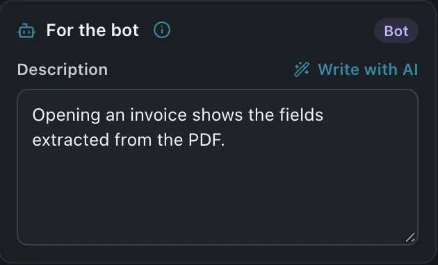 The editor's For the bot panel: the note the agent reads for this screen
