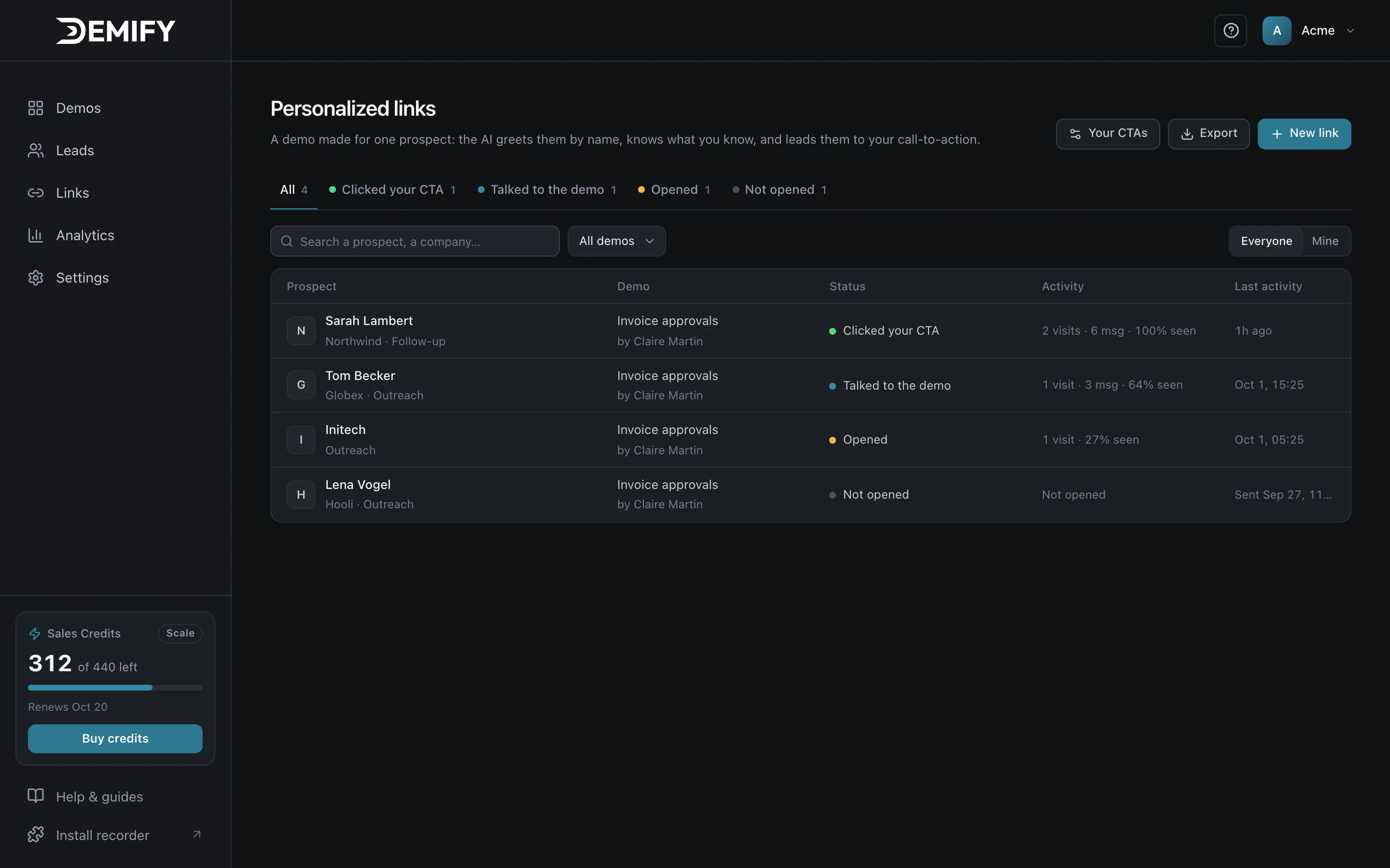 Personalized links in Demify: one demo per prospect, with who opened, talked or clicked