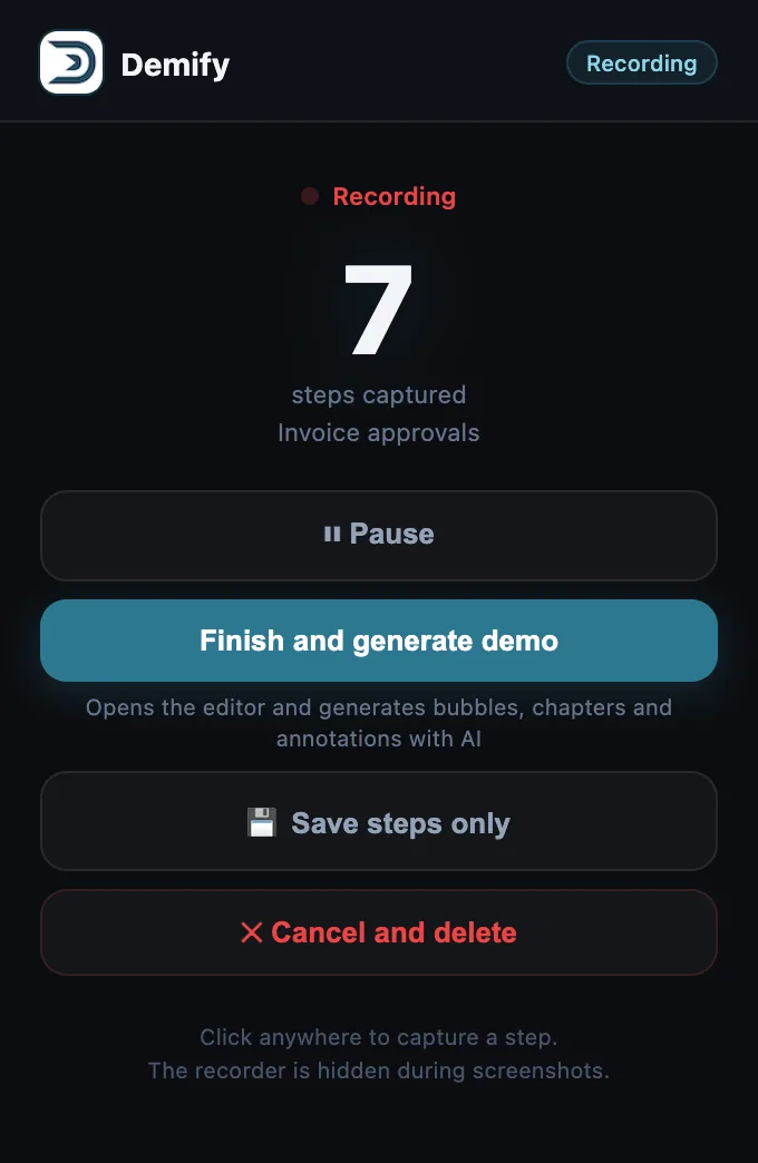 The Demify recorder's popup: recording, 7 steps captured