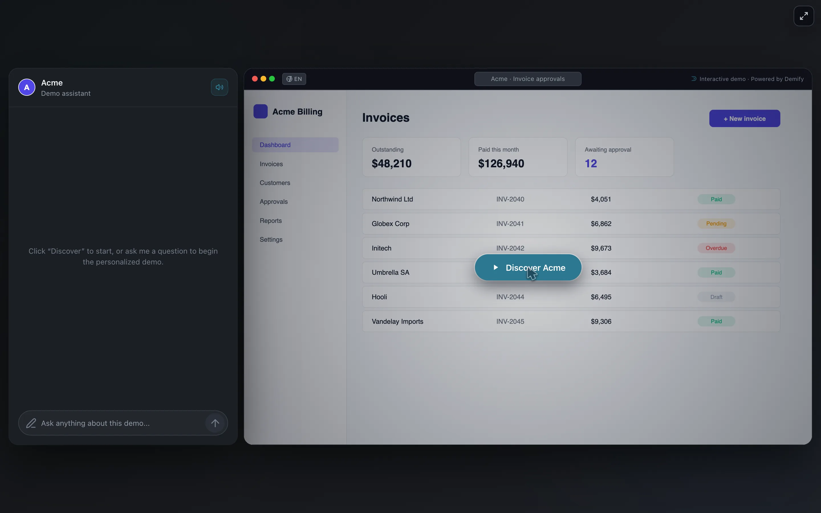 The demo opened from its public link: the Discover Acme button over the Acme Billing invoices