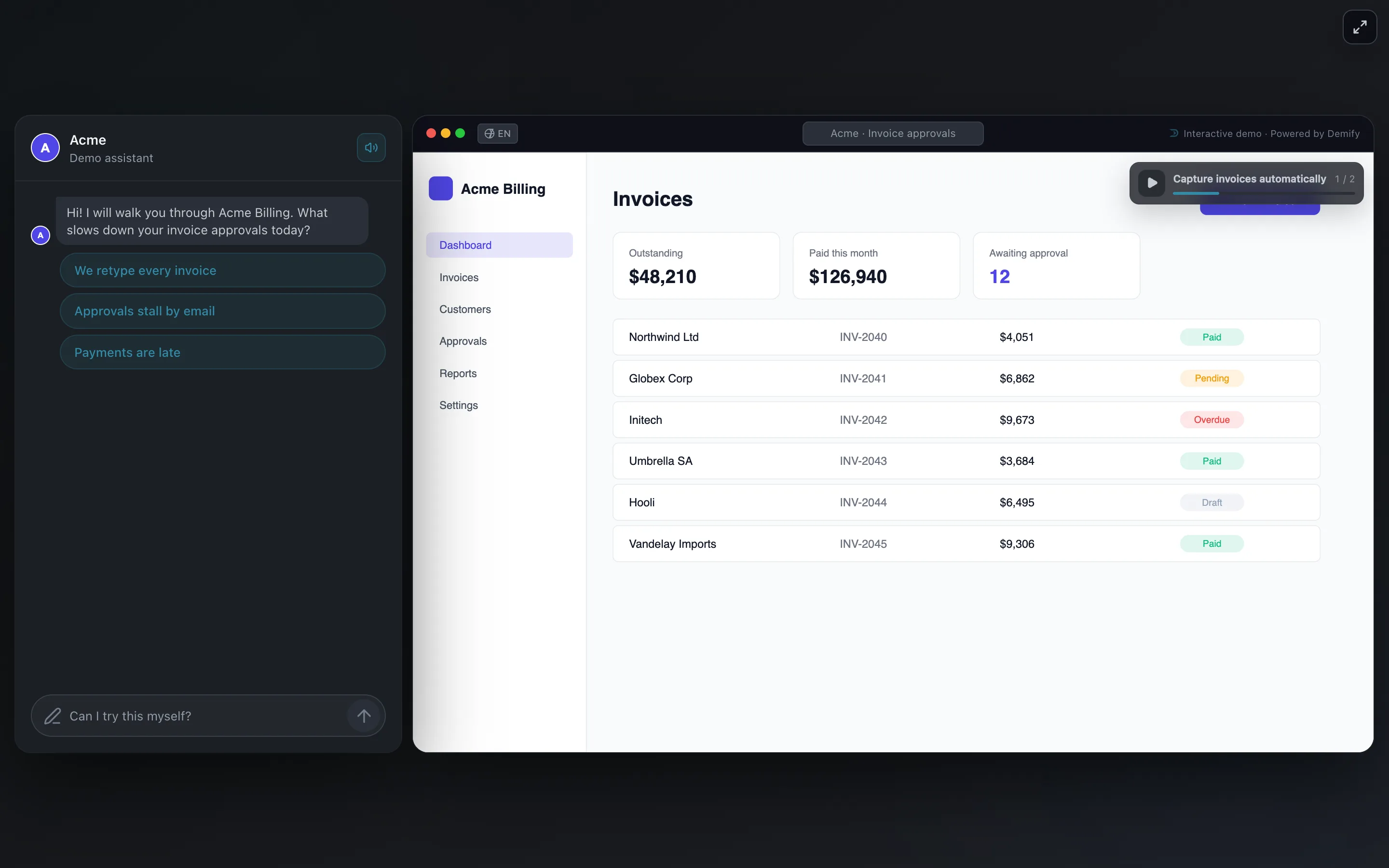 The Demify viewer: the AI guide's chat on the left, the captured product on the right